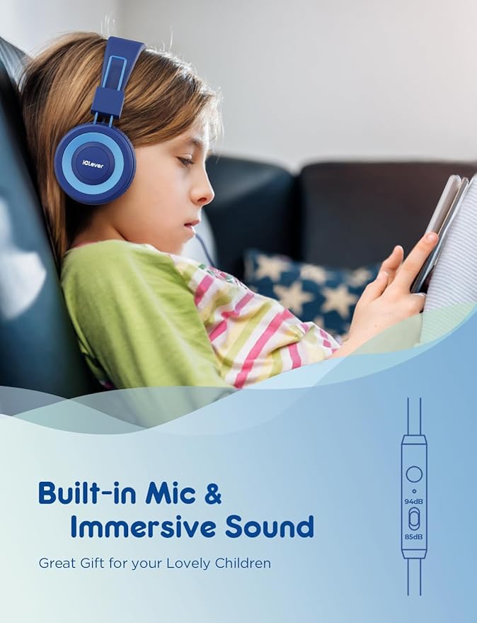 iClever HS14 Kids Wired Headphones, Light Blue, 85dB Volume Limiter, Stereo Sound, Built-in Mic, 3.5mm Audio Jack Compatible, 6.1 Ounces