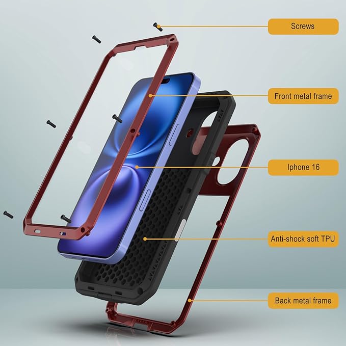 Punkcase for iPhone 16 Metal Case | Heavy Duty Military Grade Armor Cover | Hard Aluminum & TPU Design W/Tempered Glass Screen Protector for iPhone 16 (6.1") (2024) [Red]