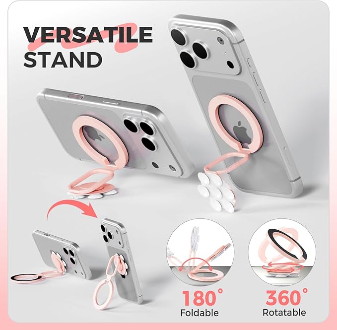4 in 1 Sticky Phone Grip Holder for Magsafe,Double Sided/Suction Cup Case Mount,Magnetic Phone Stand for iPhone 17/16/15/14/13/12 Pro Max,Vacuum Ring Holder for Kindle/Android/Tiktok Content Creator