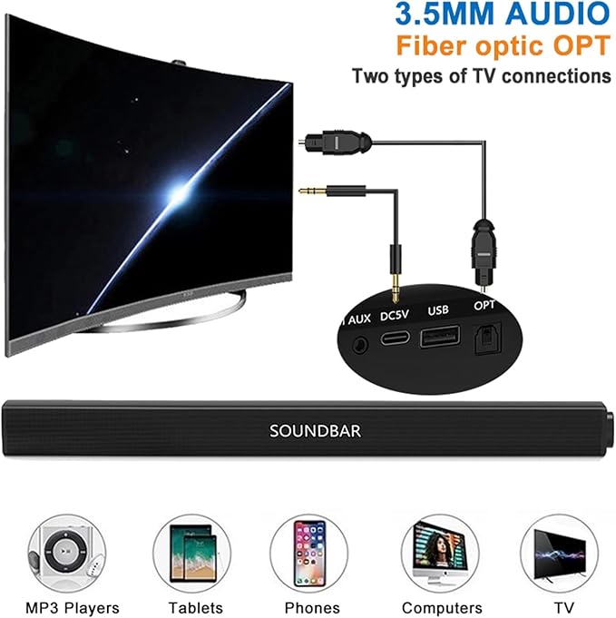 Portable Soundbar for TV/PC, Outdoor/Indoor Wired & Wireless Bluetooth 5.0 Speaker with Remote Control and Optical Cable, 30W Home Theater Sound bar with Built-in Subwoofers for Projector