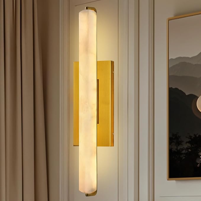 Alabaster Wall Sconces, 25" Brass Alabaster Sconce, Spanish Natural Marble Wall Sconce Lamp Indoor, Rectangle Modern Sconces Lighting for Bathroom Living Room Bedroom Stairs Hallway
