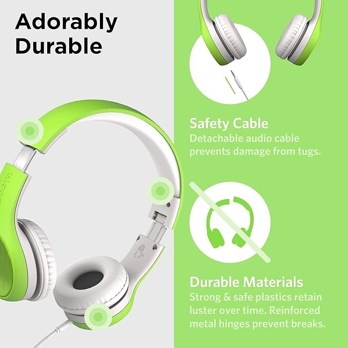 LilGadgets Connect+ Style On-Ear Kids Headphones with Microphone - SharePort Technology, SoftTouch Padding, Detachable Cable, Volume Limiting, Durable & Adjustable - Green