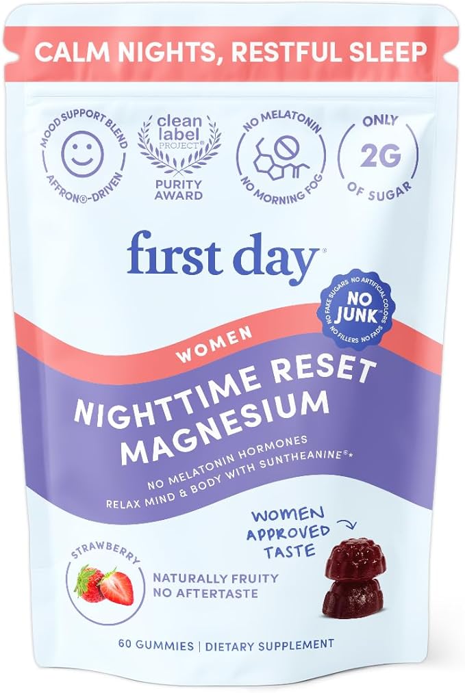 First Day Women’s Nighttime Reset Calming Magnesium Gummies – Sleep Aid Supports Peaceful Rest, Balanced Mood & Energy – Supplement with Magnesium Citrate, L-Theanine & No Melatonin – 30-Day Supply