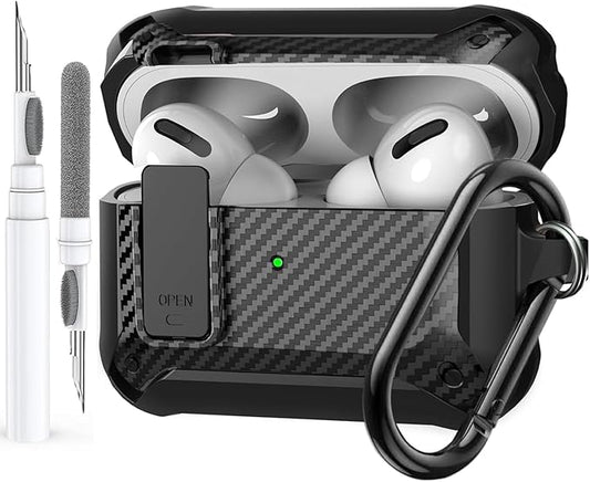 for Airpods Pro 3 Case with Lock Clip, Rugged Apple Airpods Pro 3rd Generation Cover 2025 Men Women, Armor Shockproof iPod Pro3 Gen Protective Hard Shell with Carabiner&Cleaner kit,CF Black