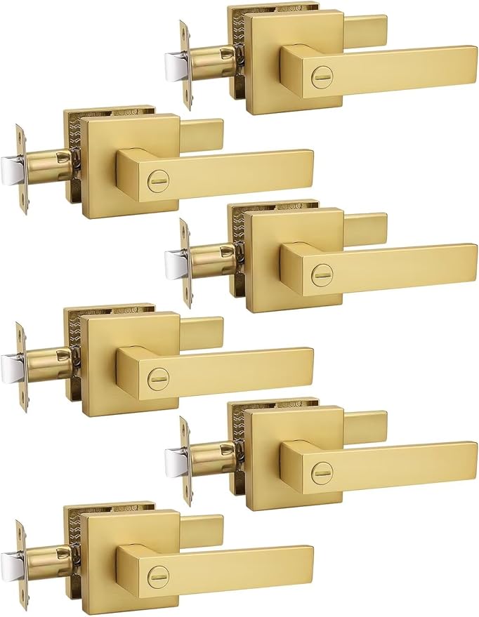 6 Pack Heavy Duty Gold Square Privacy Interior Door Levers, Satin Brass Finish, Bedroom and Bathroom Door Handles Keyless Bed/Bath Lockset