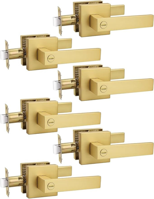 6 Pack Heavy Duty Gold Square Privacy Interior Door Levers, Satin Brass Finish, Bedroom and Bathroom Door Handles Keyless Bed/Bath Lockset