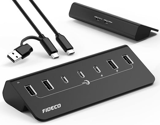 FIDECO Powered USB Hub, 7 Port 10Gbps Fast Data Hub for iPhone 16/15 and Laptop, Full Aluminum USB Splitter with 5V 3A Power Adapter, 4 USB A and 3 USB C Ports, Support BC1.2 Charging - Image 6