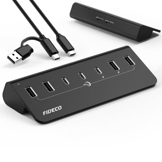 FIDECO Powered USB Hub, 7 Port 10Gbps Fast Data Hub for iPhone 16/15 and Laptop, Full Aluminum USB Splitter with 5V 3A Power Adapter, 4 USB A and 3 USB C Ports, Support BC1.2 Charging
