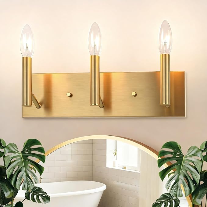 Kalium Bathroom Light Vanity Fixtures Over Mirror, 3-Lights Modern Brushed Gold Wall Sconces, Minimalist Wall Lights for Livingroom Bedroom Entryway Hallway Staircase, E12 Base(Bulbs Not Included)