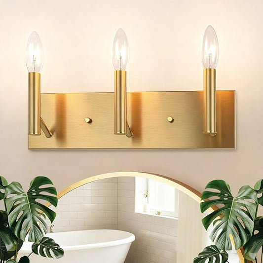 Kalium Bathroom Light Vanity Fixtures Over Mirror, 3-Lights Modern Brushed Gold Wall Sconces, Minimalist Wall Lights for Livingroom Bedroom Entryway Hallway Staircase, E12 Base(Bulbs Not Included)