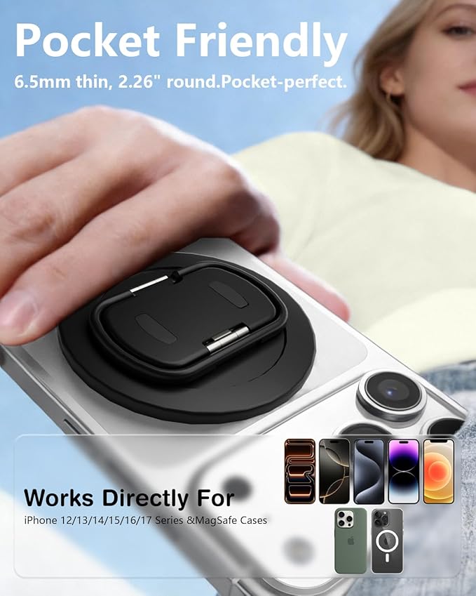 SEMBO Magnetic Phone Ring Holder with Kickstand for MagSafe, Two-Sided Magnet, 360° Rotation Comfortable Flip Out Silicone Plate Finger Grip Gym Accessories for iPhone 17 Pro Max 16 15 14 13 12(Black)
