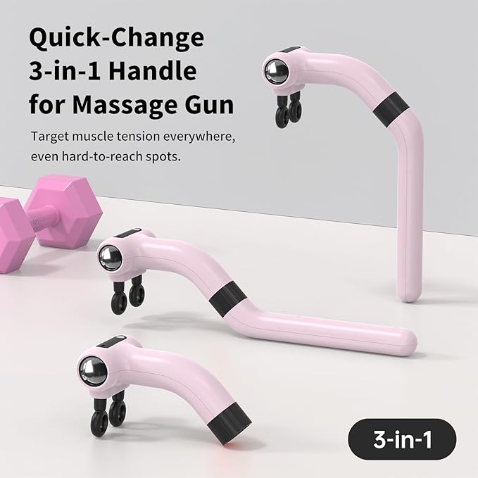 Dual-Head Massage Gun Deep Tissue with Extension Handle, 3-in-1 Detachable Handheld Percussion Back Massager for Muscle Neck Shoulder Body Pain Relief - 6 Speeds Levels (Glossy Pink)