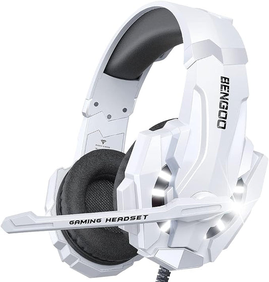 BENGOO Pro Gaming Headset for PS4 PS5 PC Xbox One Controller, Noise Cancelling Over Ear Headphones with Mic, LED Light, Bass Surround, Soft Memory Earmuffs for Laptop Mac - White