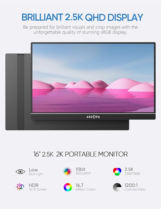 ARZOPA 16" 2.5K Portable Monitor, 2560x1600 QHD IPS Display 123% sRGB with Built-in Stand USB-C HDMI Eye Care External Second Screen for Mac Laptop Phone PS4/5 Xbox Switch -Z1RC