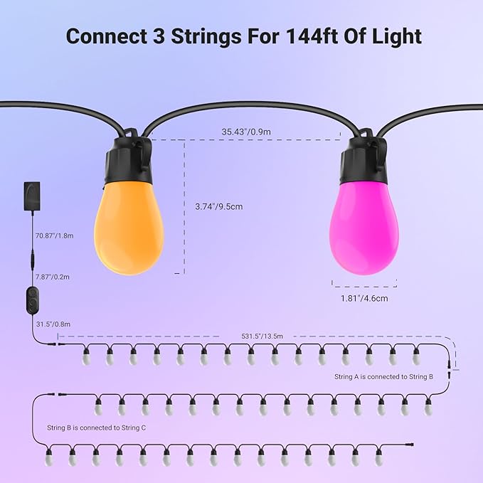 NEEWER 144ft Outdoor String Lights, App Control Smart AI RGBW Dimmable Patio Balcony Backyard Outside Hanging Lighting, IP65 Waterproof, 45 LED Bulbs, 50+ Scenes, Compatible with Alexa Google, NR01