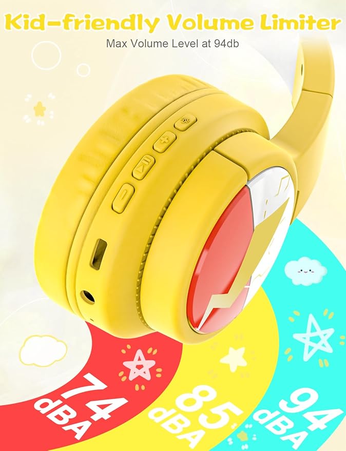 Kids Bluetooth Headphones, Wireless Headphones with Microphone, 74/85/94dB Volume Limited, 80H Playtime, Foldable Over Ear Headphones for School, Home, or Travel, Yellow