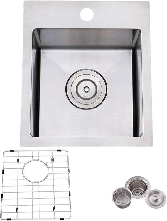 15 x 17 Inch Drop in Bar Sink, Single Bowl Topmount Small Kitchen Sink, 304 Stainless Steel Bar or Prep Sinks, Brushed Nickel