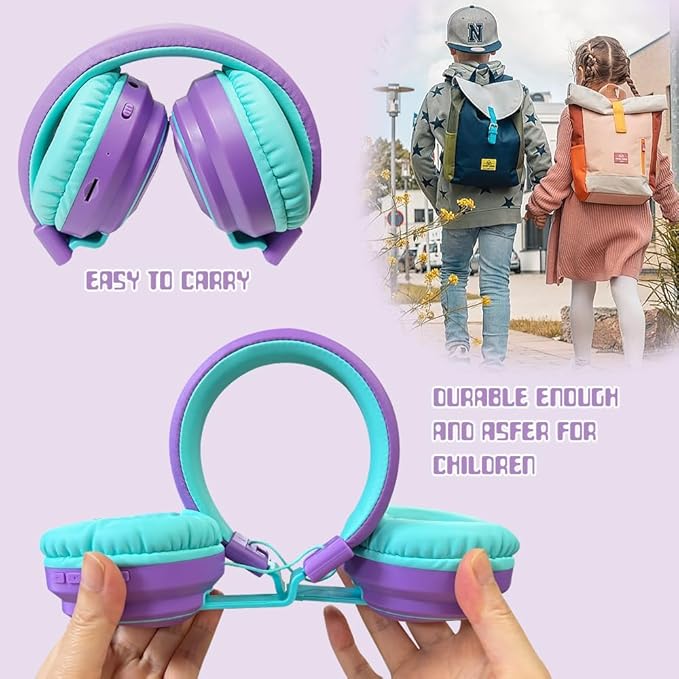 Kids Headphones Bluetooth 5.3 Wireless Lightweight Fast Charging 68 Hours Play Time Volume Limited 85/94dB Over Ear Foldable with Built-in Mic for Toddler Boy Girl Tablet Pad Purple