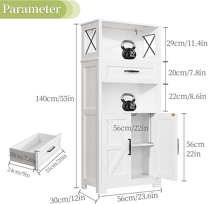 55" Tall Kitchen Pantry Cabient with 2 Microwave Stands, Farmhouse Pantry Storage Cabinet with Barn Doors and Large Drawer, Rustic Freestanding Cupboard for Kitchen and Dining Room (White)