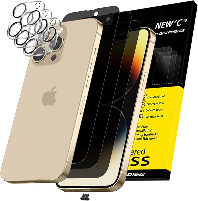 NEW'C 3x Privacy for iPhone 14 Pro Max Screen Protector (6.7 inches)+ 3x Camera Lens Protector, Sensor Protection, Tempered Glass Film + Dust Plug - Enhanced Privacy Angle of 28 Degrees