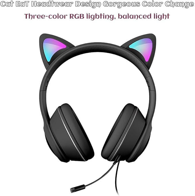 Cat Ear Gaming Headphones Wired AUX 3.5mm with LED Light, VIGROS Flashing Stereo Game Headphones Surround Sound Over-Ear Headsets with Microphone Fit Kids & Adult for PC, PS4, Switch, Mobile, Laptop