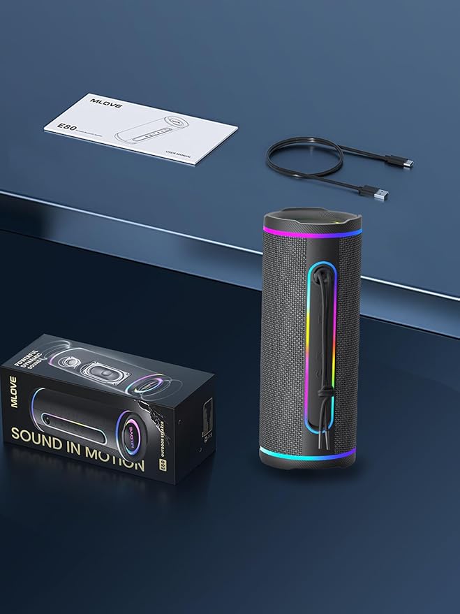 MLOVE E80 Speakers Bluetooth Wireless, Portable Bluetooth Speaker with Aux Input, Micro SD Card Slot, Bass Up, TWS, RGB Lights, IPX7 Waterproof, BT5.4 for Outdoor, Car Music, Beach, Gifts, 30W, Black