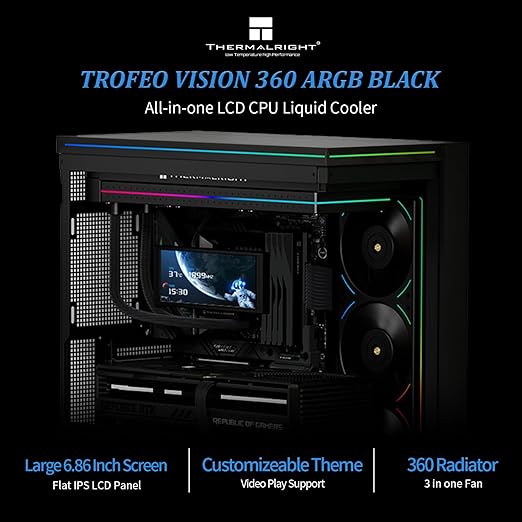 Thermalright Trofeo Vision 360 ARGB Black CPU Liqud Cooler,6.86-inch Magnetic IPS LCD Screen with 2400x1080 Resolution,Free to DIY a Variety of Themes,Liquid CPU Cooler for AM4/AM5,Intel lga1700/1851