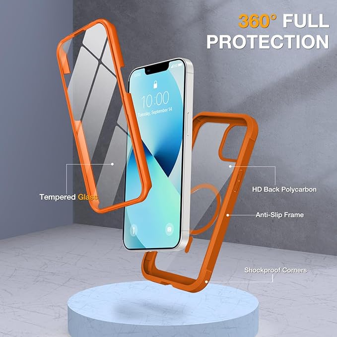 Miracase Compatible with iPhone 13 case 6.1 inch, 2021 Upgrade Full-Body Glass Clear Case Bumper Case with Built-in 9H Tempered Glass Screen Protector for iPhone 13,Orange