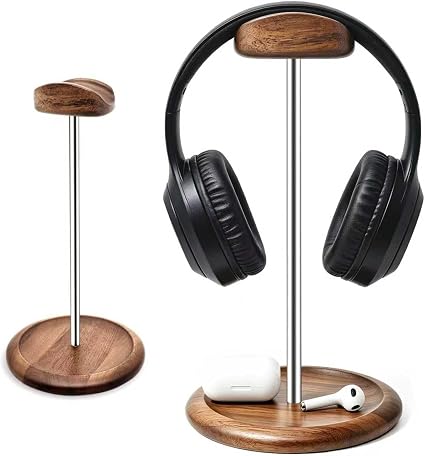 Universal Headset Stand for Desk with Walnut Storage Base
