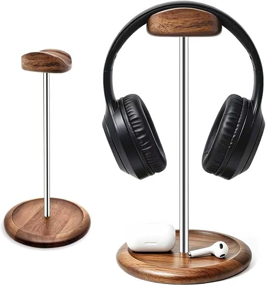 Universal Headset Stand for Desk with Walnut Storage Base