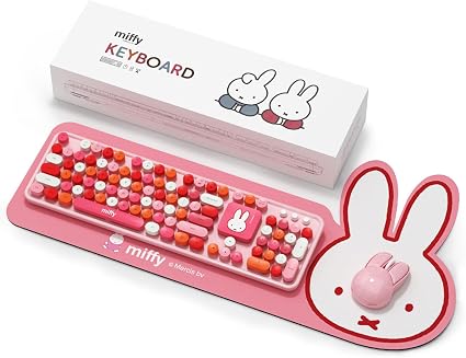 Miffy 104-Key Wireless Keyboard & Mouse Combo with Large Pink Desk Pad - Ergonomic Computer Accessories for Office/Home, Cute Kawaii Design - Pink