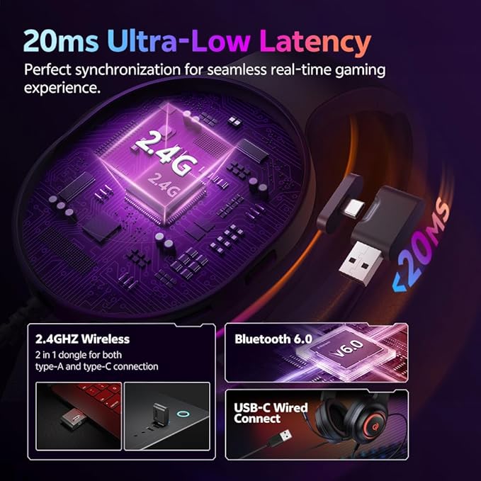 QCY Gaming Headset for PC/PS5/PS4/Switch, HEROAD V200 Over Ear Headphones, USB-C, 240Hr Battery, 7.1 Surround Sound, 2.4GHz Wireless Headphones for Multi-Platform, Bluetooth 6.0