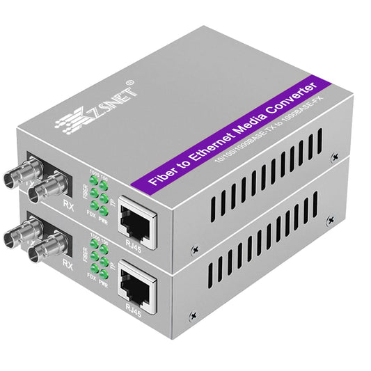 A Pair of Gigabit ST to RJ45 Converter, Single-Mode Fiber to Ethernet Media Converter (Built-in Module, 1310nm, 20km), Plug & Play, 10/100/1000 Base-T Compatible, Auto-Negotiation, Jumbo Frame