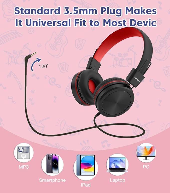 Kids Headphones, Toddler Headphone with Safe Volume Limiter 94dB, Wired School Headphones for Kid, 3.5mm Adjustable On-Ear Headphone for Boys/Girls/Children/Teens/iPad/Computer, Red Black