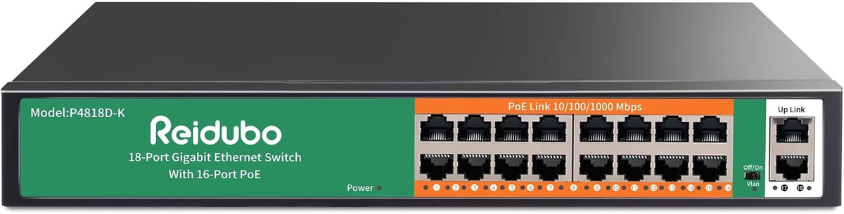 18 Ports Gigabit PoE Switch,16 Port Gigabit PoE+ Network Switch with 2 Uplink Gigabit Ports, 250W, Unmanaged, 19-inch Rackmount, Fanless Quiet Operation, Compatible with AP WiFi6, PoE Cameras