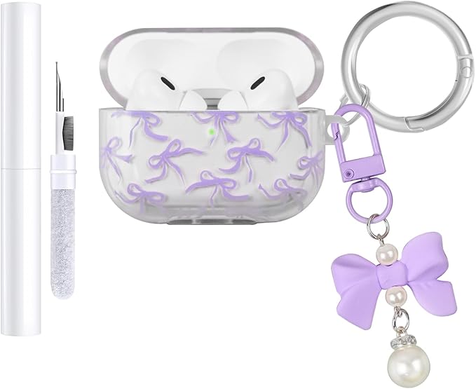 Compatible with AirPods Pro 2 Case Cover 2022, Soft TPU with Cute Flower Pattern for AirPods Pro 2nd/1st Generation Case with Flower Keychain and Carabiner for Girls Women (Purple Bow)