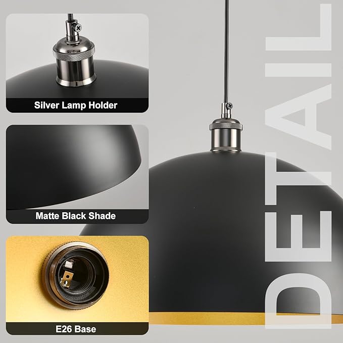 Black Dome Pendant Lights Kitchen Island, 17.72 Inch Black and Gold Pendant Light, Large Vintage Industrial Metal Farmhouse Pendant Light Fixture for Kitchen Island, Dining Room, Cafe, Bar, 2 Pack