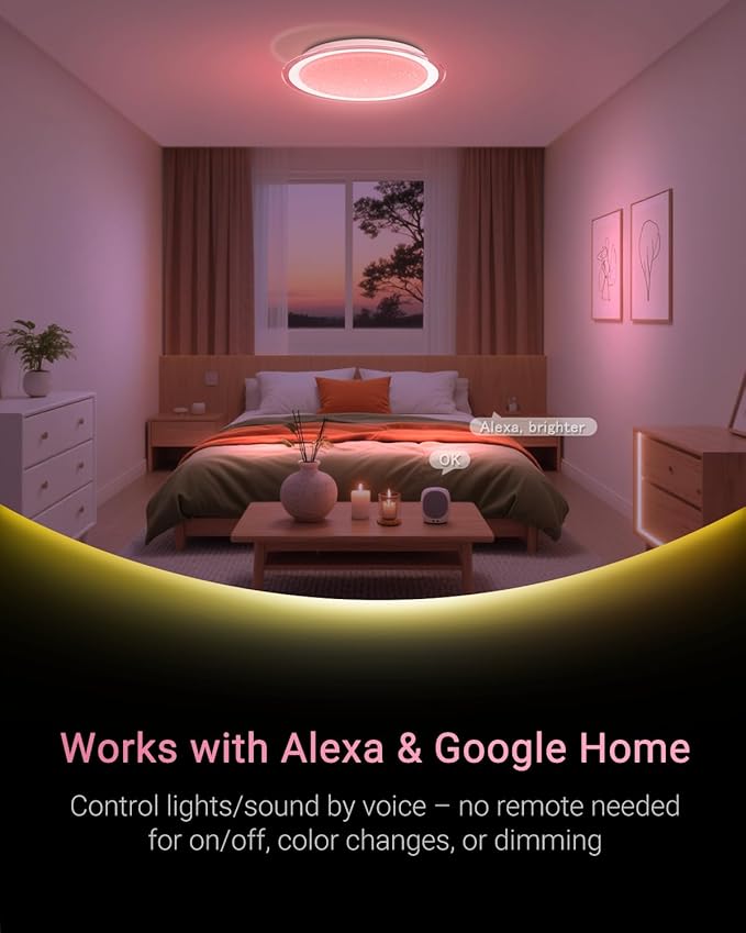 1-Pack, 20 inch Smart LED Music Ceiling Light with Bluetooth Speaker, Compatible with Alexa & Google Home, Color Changing RGB Dimmable Light for Living Room, Bedroom, Kitchen
