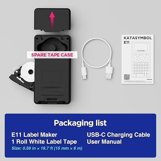 SUPVAN E11 Bluetooth Label Maker Machine, Support Keyboard & App with 40 Fonts and 650+ Icons, Rechargeable Inkless Labeler for Home, Kitchen, Office, School, Organization, Black