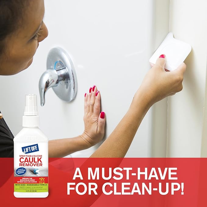 Motsenbocker’s Lift Off 41145 4.5-Ounce Spray Foam and Silicone Caulk Remover Safe on Showers, Baseboards, Stainless Steel, Ceramic, and More Water-Based and Biodegradable, Clear