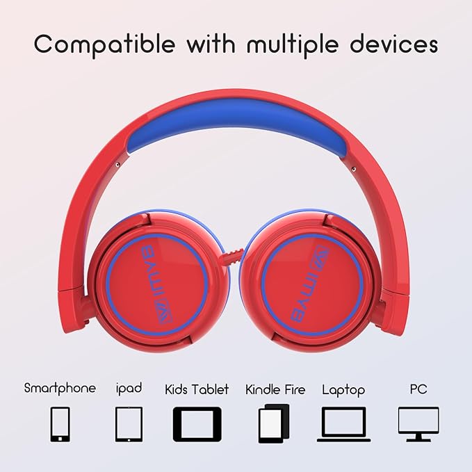Kids Headphones Wired, Stereo Foldable Tangle-Free 3.5mm Jack Adjustable On-Ear Headphones for Kids/Toddlers/Children/Teens/Boys/Girls/School/Ipad/Tablet/Kindle/Phones/Travel/Plane (Red)