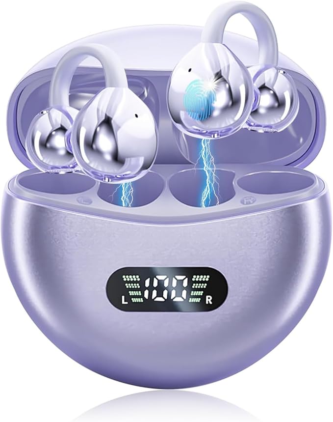 Ear Clip Earbuds Mini Open Ear Headphones Wireless Bluetooth Earphones for Sport Workout Driving Walking Running Compatible with iPhone Android (Purple)