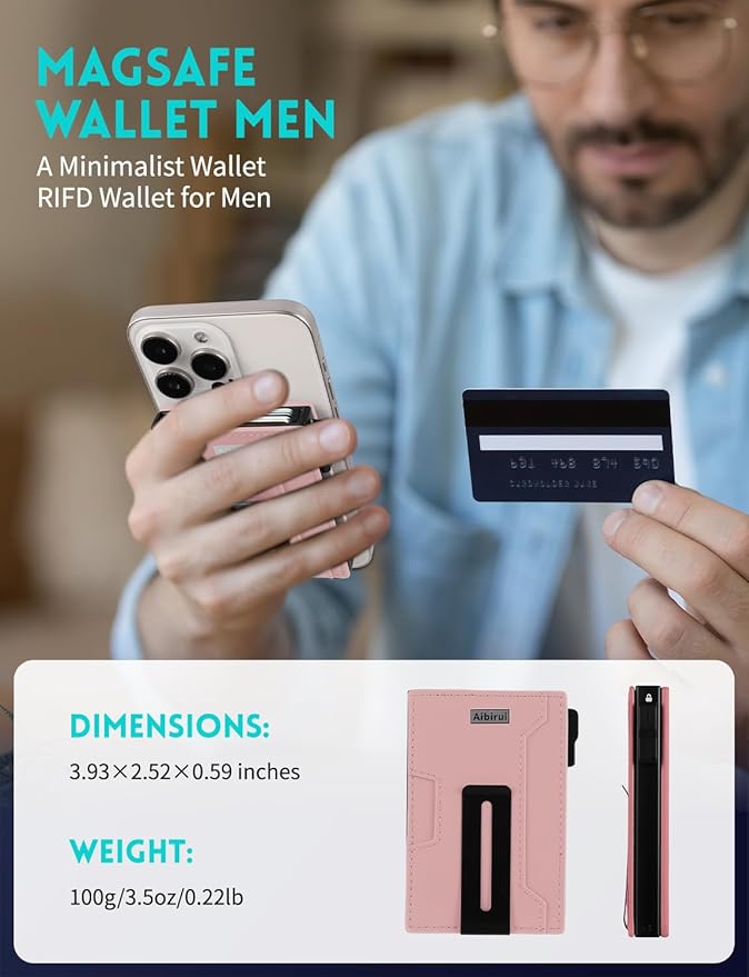 Wallet for men,Magsafe Wallet with Money Clip,Ridge Wallets for Men | Magnetic wallet for iPhone 17/16/15/14/13/12 Series,Card Holder(8 Cards & Bills), Aluminum & Microfiber Leather,Pink