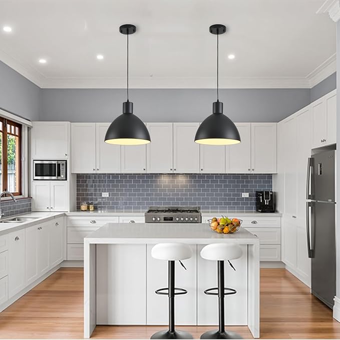 Black Pendant Lights Kitchen Island, 12 Inch Metal Dome Pendant Light, Vintage Industrial Farmhouse Pendant Light Fixture Hanging Lights for Kitchen Island, Dining Room, Cafe, Bar, 2 Pack