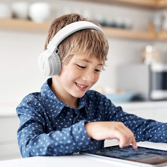 gorsun Kids Headphones, Lightweight Stereo Wired Toddler Headphones，Adjustable Headband Children's Headset for Smartphones Computer Pad Earphones(White)