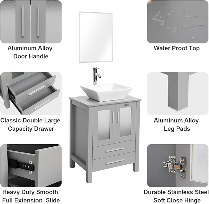 eclife 24" Modern Bathroom Vanity Sink Combo Freestanding Cabinet with Soft Closing Door, White Square Ceramic Vessel Sink, Water Save Faucet, Drain (Gray+A07)