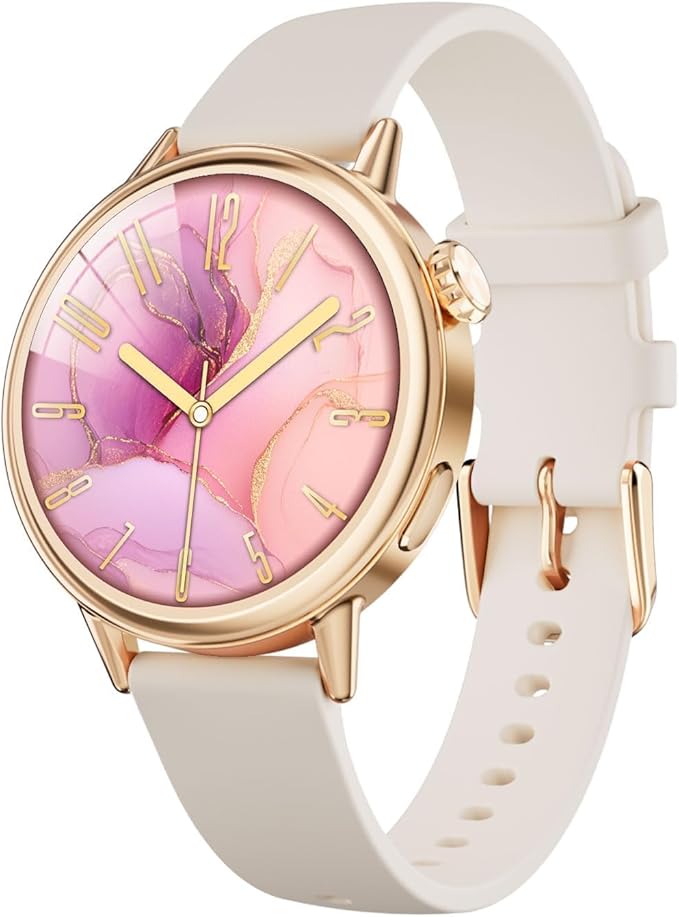 TOOBUR Petite Smart Watch for Women, 1.1'' AMOLED Screen Smartwatch, Android & iOS Phones Compatible, Answer/Make Calls, Fitness Tracker with Heart Rate/Step/Calories Monitor, 100+ Sports Modes, Beige