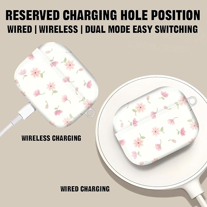 Compatible with AirPod Pro 2nd//1st Generation Case Cover with Key Chain,Full Protective Shockproof Wireless Headphone Case for Airpod Pro 2023/2022/2019（Pink Stamens）