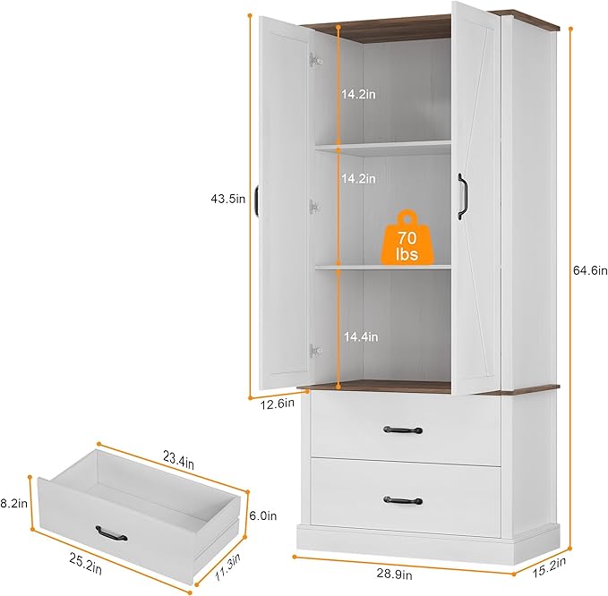 IDEALHOUSE Kitchen Pantry Storage Cabinet with Barn Doors, Drawer, and 2 Adjustable Shelves, Freestanding Tall Hutch with Microwave Stand for Kitchen, Dining Room, White