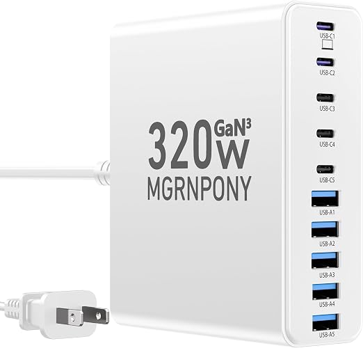 320W USB C Charger Block, MGRNPONY 10-Port GaN USB C Charging Station White